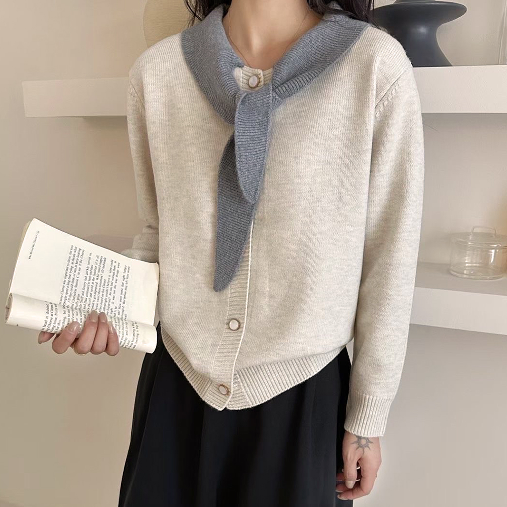 日系拼色領結針織外套