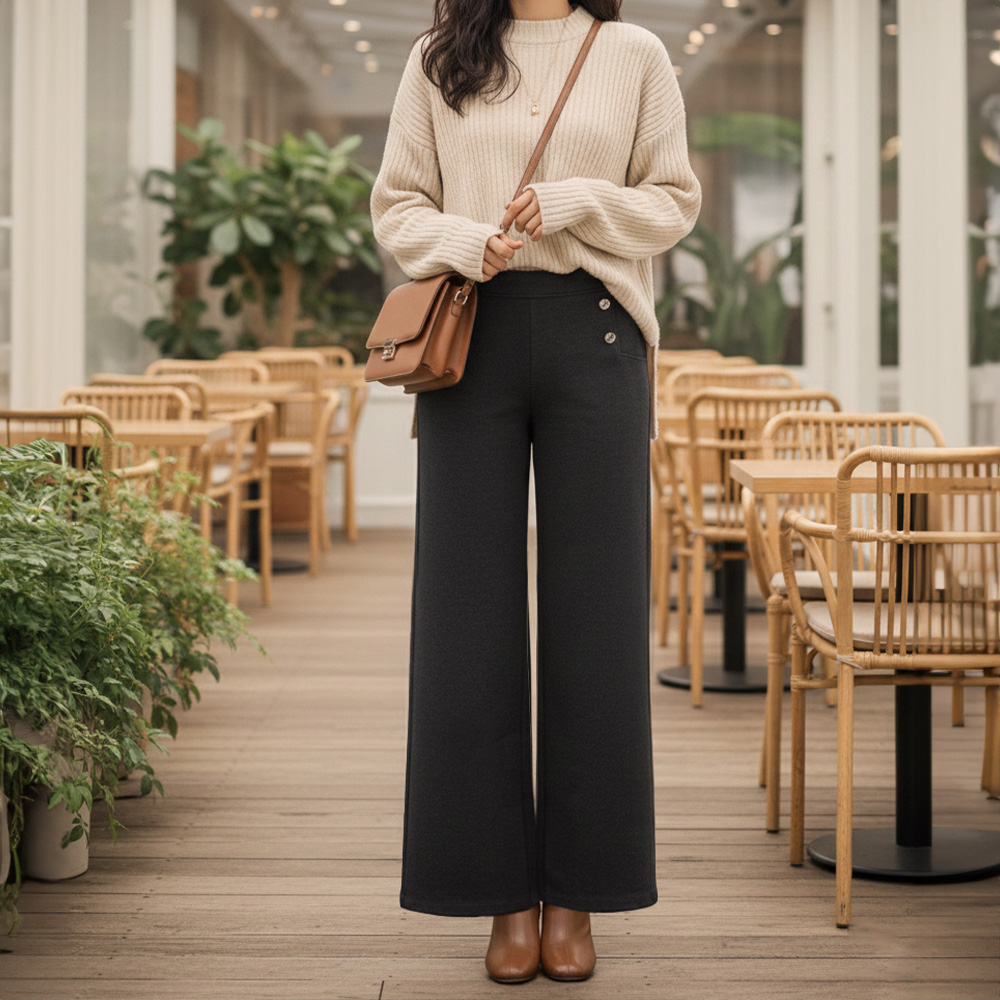 排釦裝飾彈力直筒寬褲