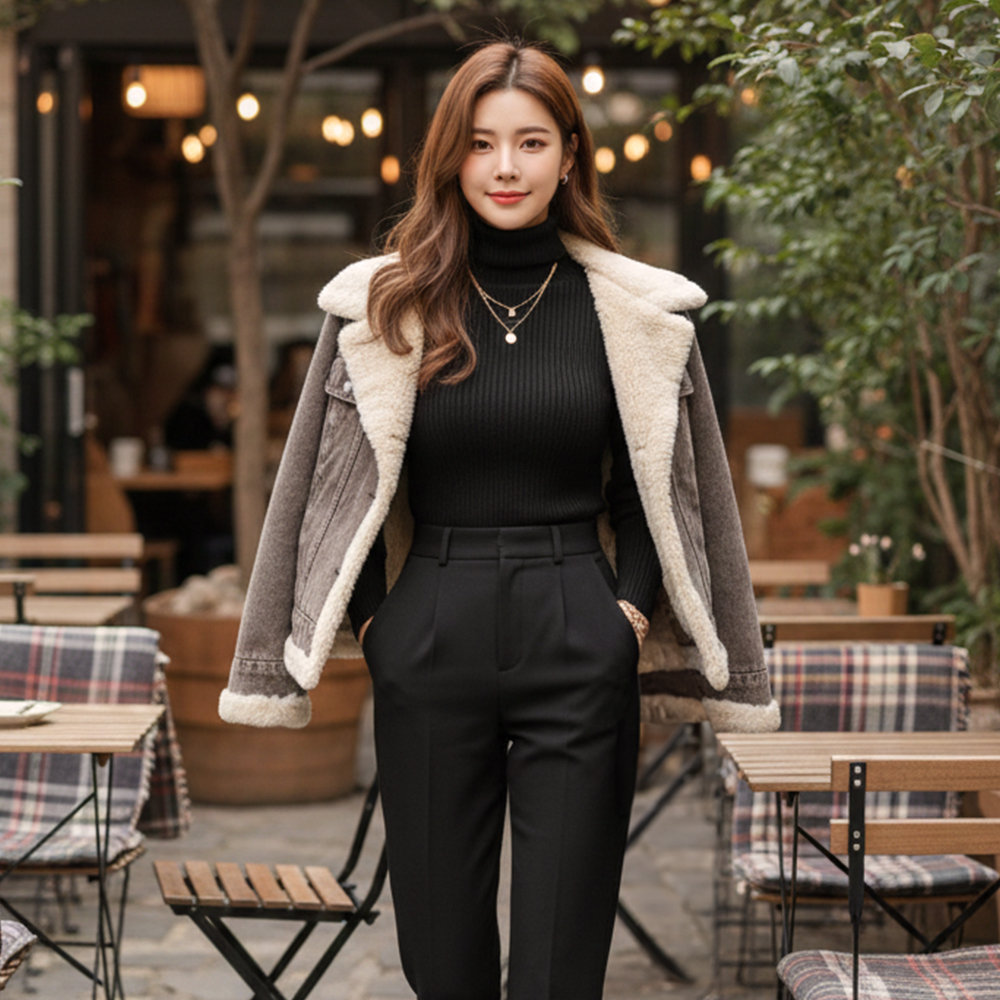 毛絨內裡翻領牛仔外套