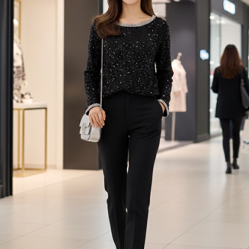 銀色珠飾滾邊亮片上衣