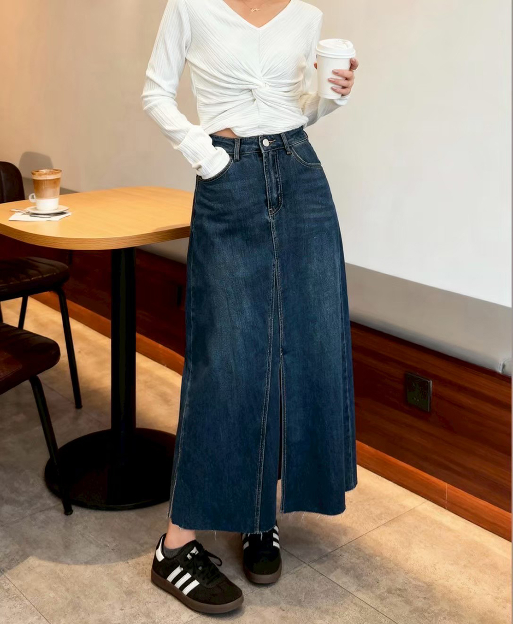 前開岔A字牛仔長裙,evaviva,99-BF7111,前開岔A字牛仔長裙,領500,999免運