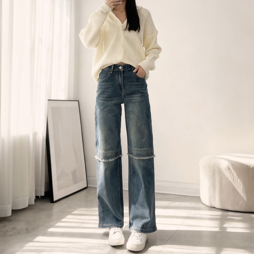 抽鬚設計感直筒牛仔褲