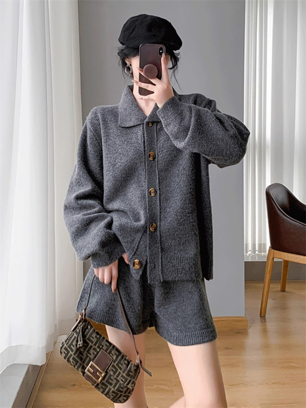 翻領毛衣外套短褲套裝,evaviva,8C-GE7380,翻領毛衣外套短褲套裝,領500,999免運