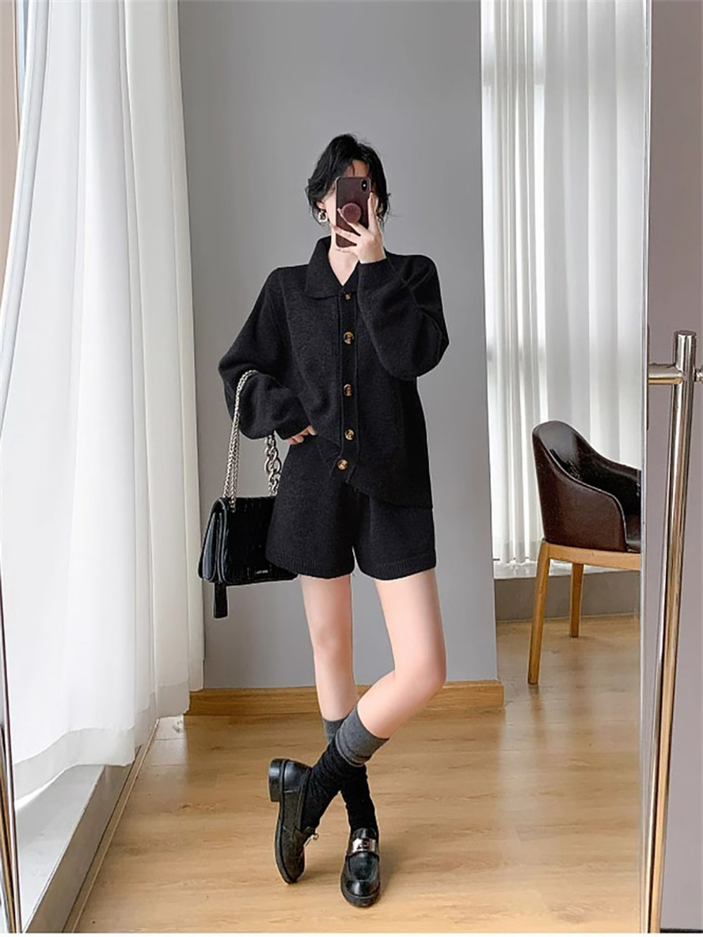 翻領毛衣外套短褲套裝,evaviva,8C-GE7380,翻領毛衣外套短褲套裝,領500,999免運