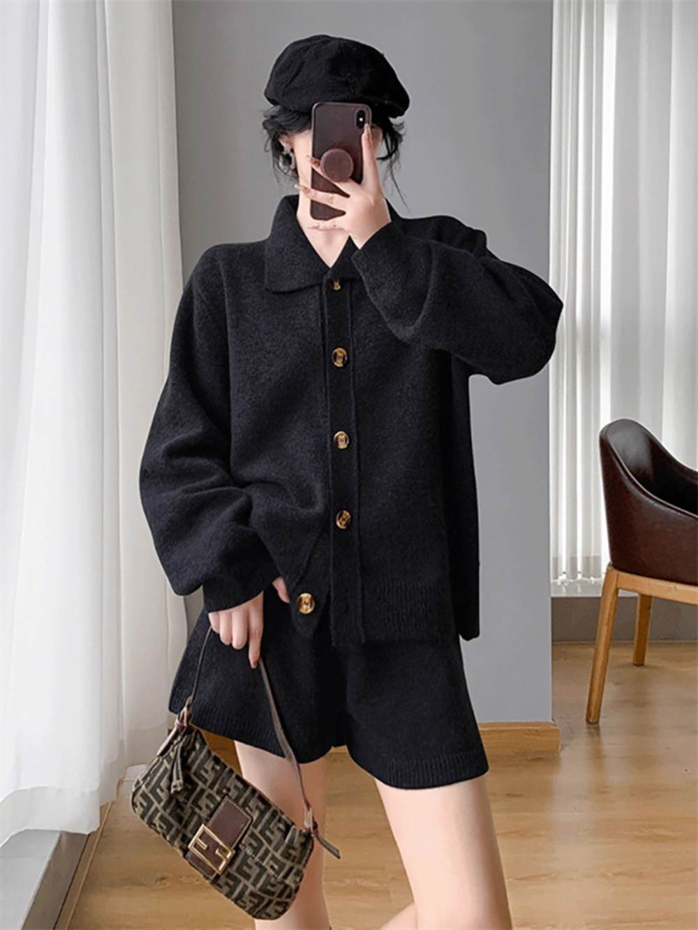 翻領毛衣外套短褲套裝,evaviva,8C-GE7380,翻領毛衣外套短褲套裝,領500,999免運