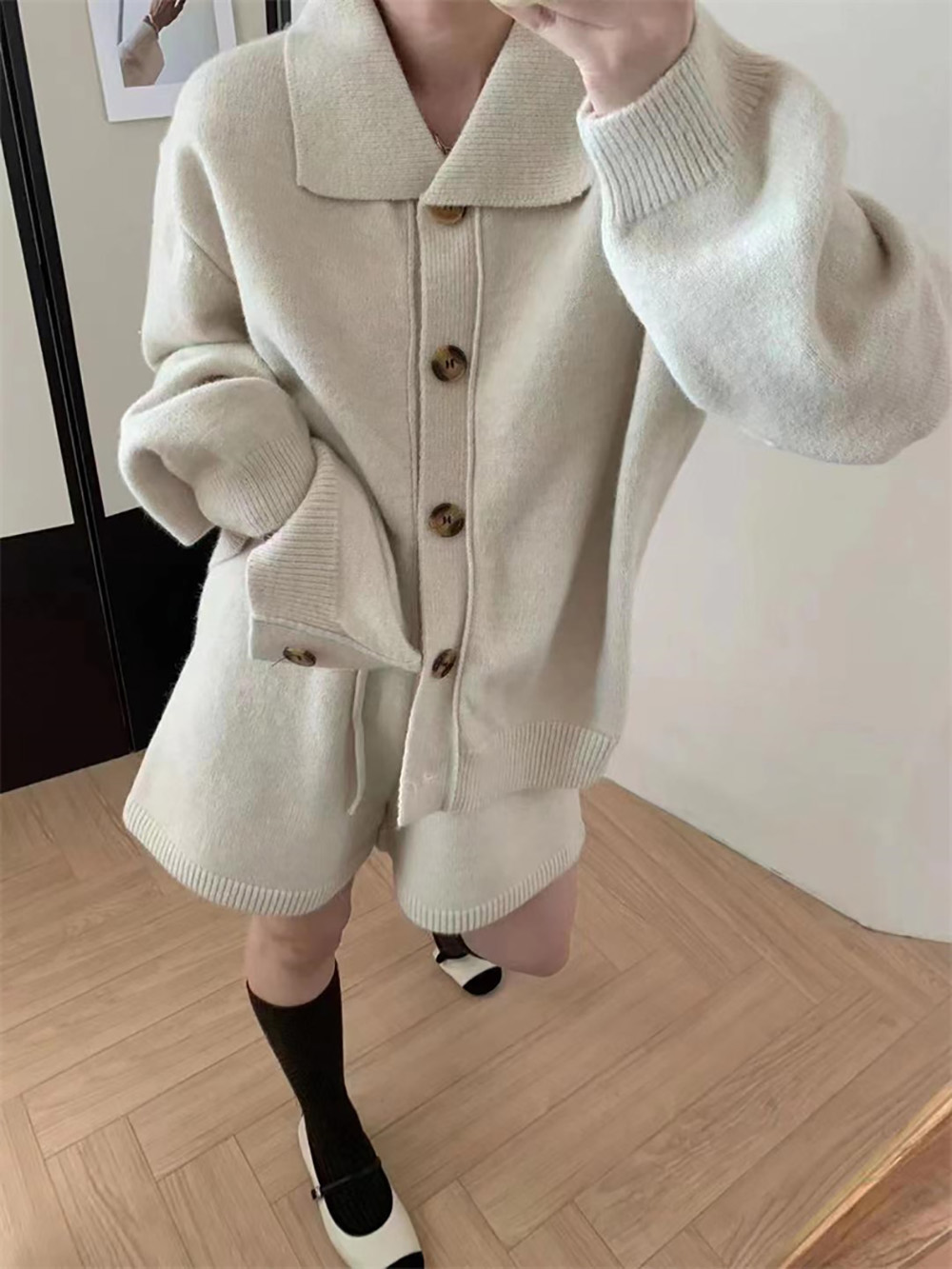 翻領毛衣外套短褲套裝,evaviva,8C-GE7380,翻領毛衣外套短褲套裝,領500,999免運