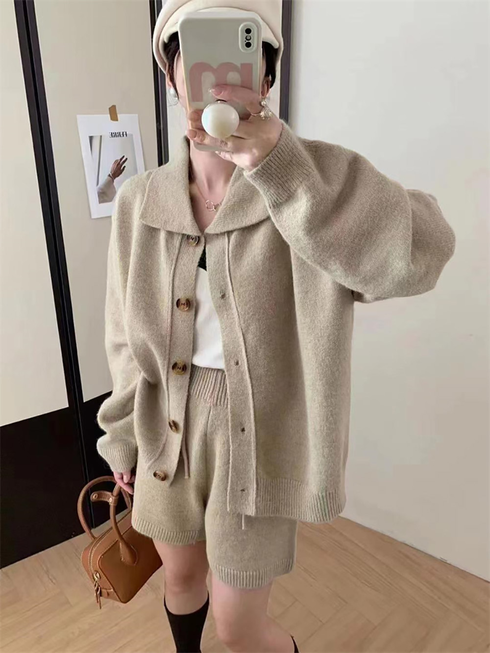 翻領毛衣外套短褲套裝,evaviva,8C-GE7380,翻領毛衣外套短褲套裝,領500,999免運