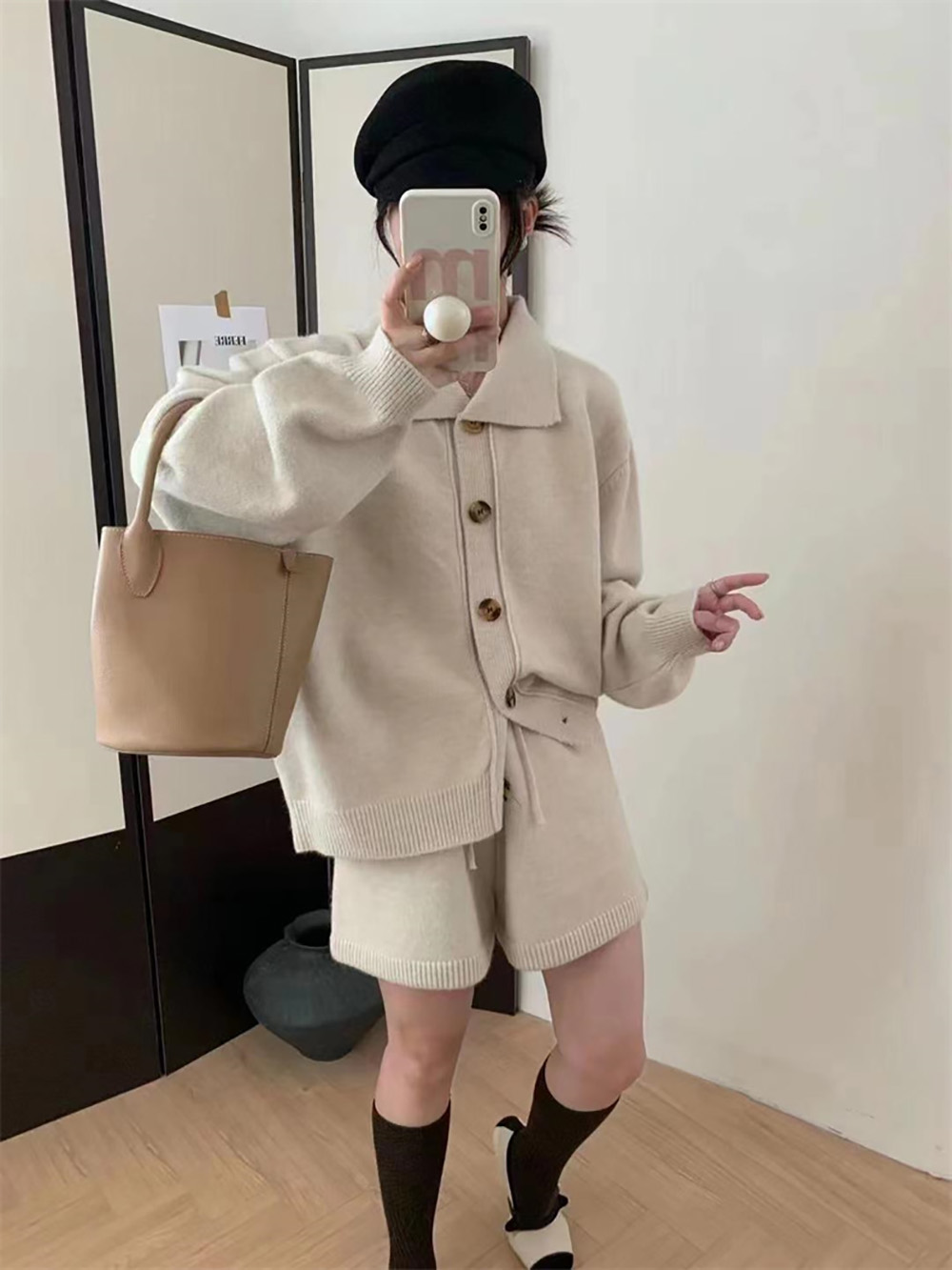 翻領毛衣外套短褲套裝,evaviva,8C-GE7380,翻領毛衣外套短褲套裝,領500,999免運