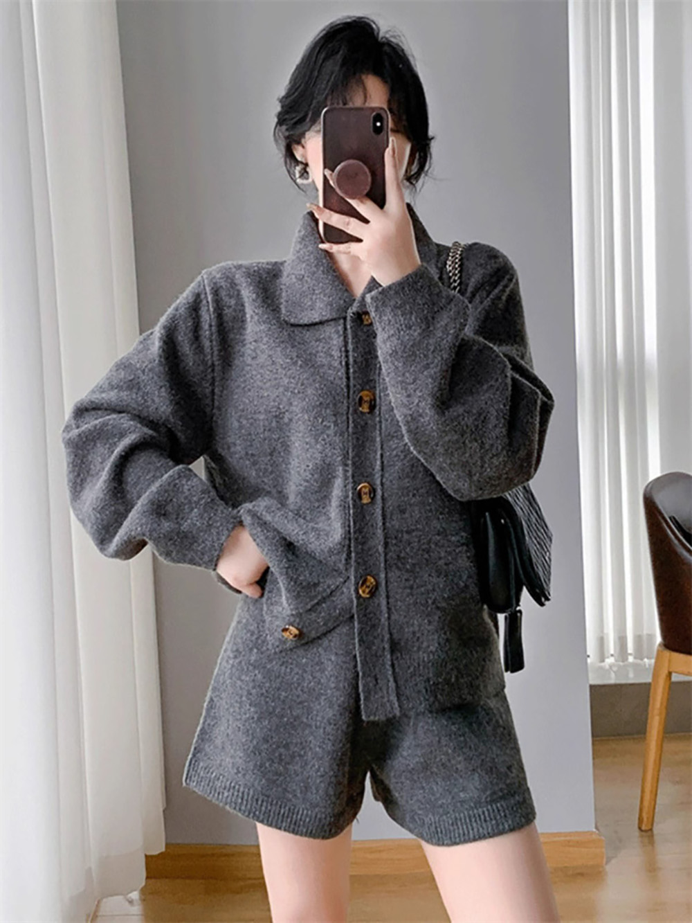 翻領毛衣外套短褲套裝,evaviva,8C-GE7380,翻領毛衣外套短褲套裝,領500,999免運