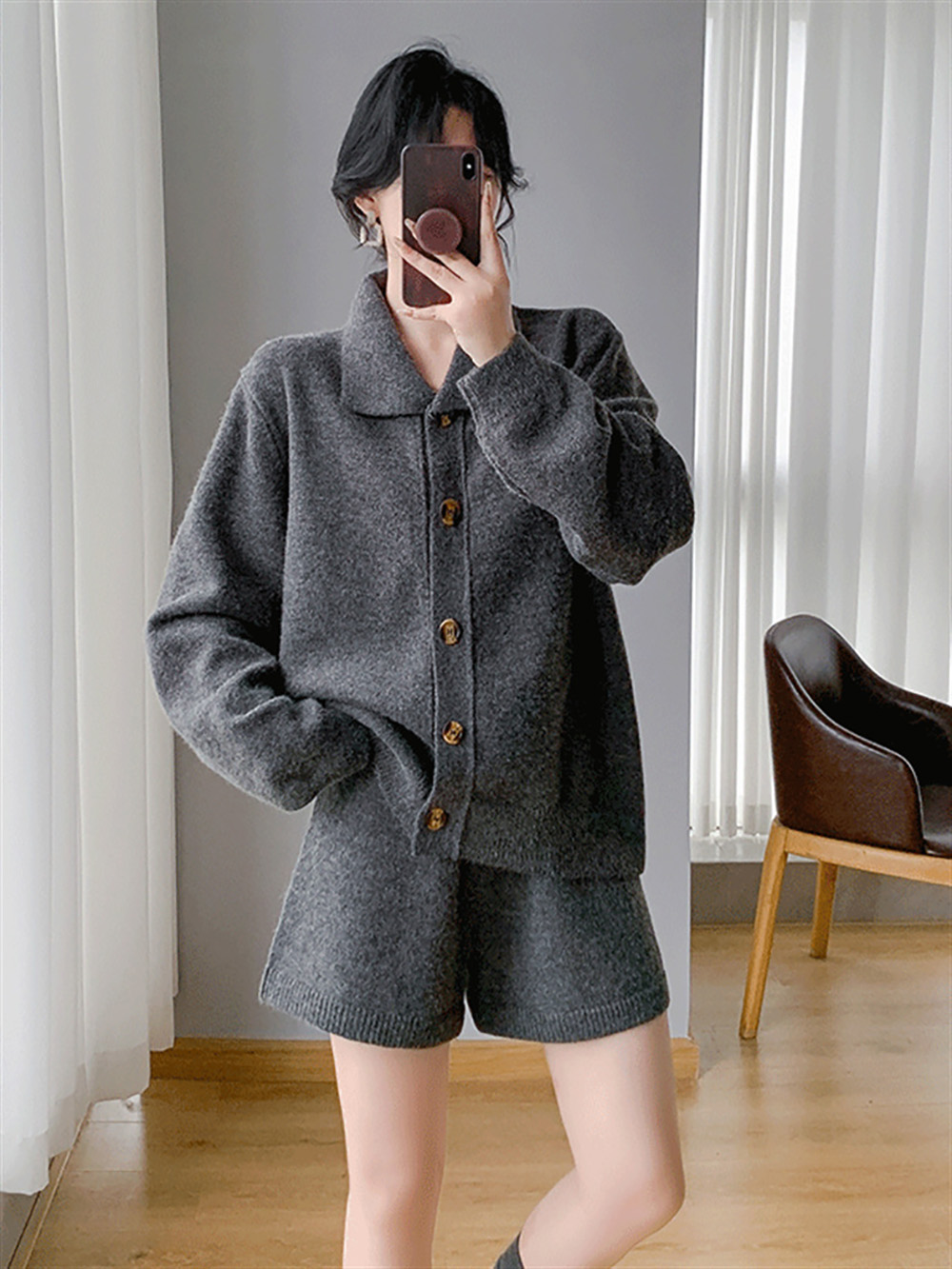 翻領毛衣外套短褲套裝,evaviva,8C-GE7380,翻領毛衣外套短褲套裝,領500,999免運