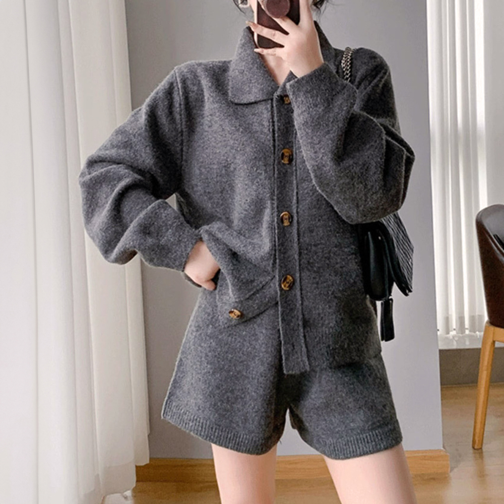 翻領毛衣外套短褲套裝
