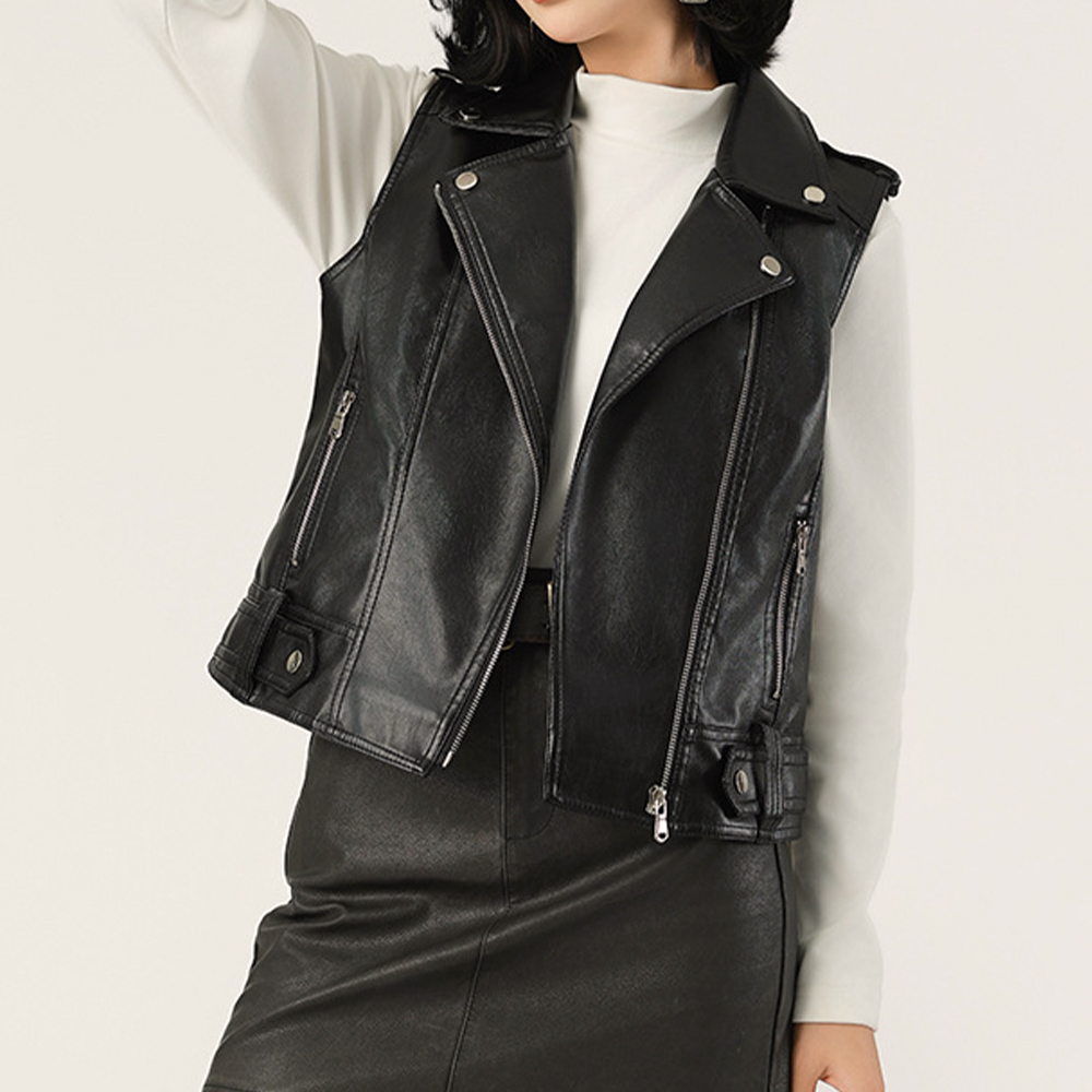 質感翻領皮衣背心外套