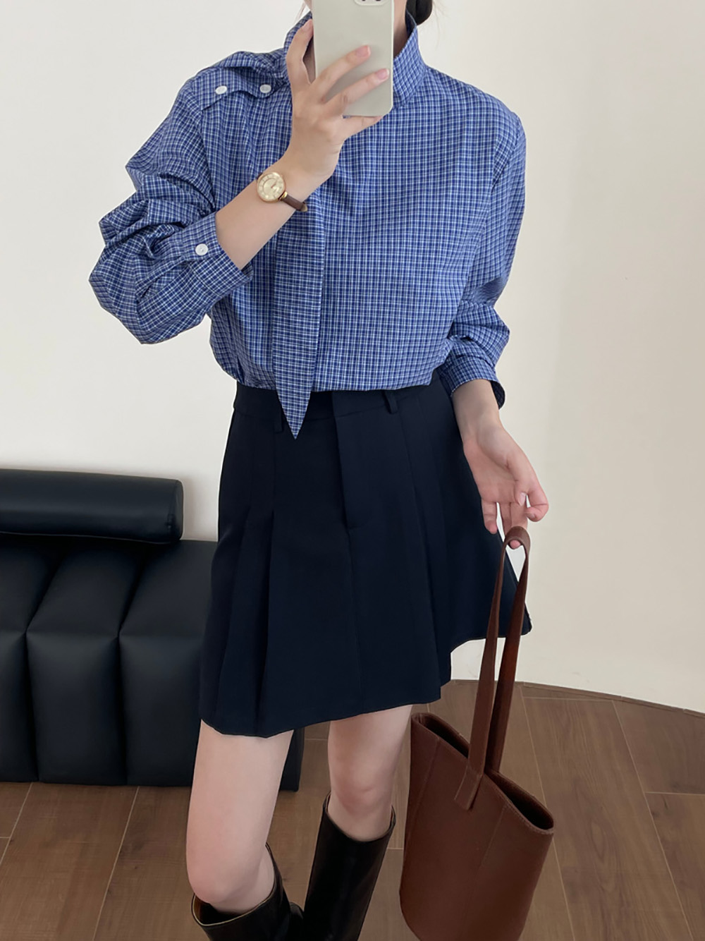 藍格綁帶設計立領襯衫,evaviva,8C-UR7381,藍格綁帶設計立領襯衫,領500,999免運