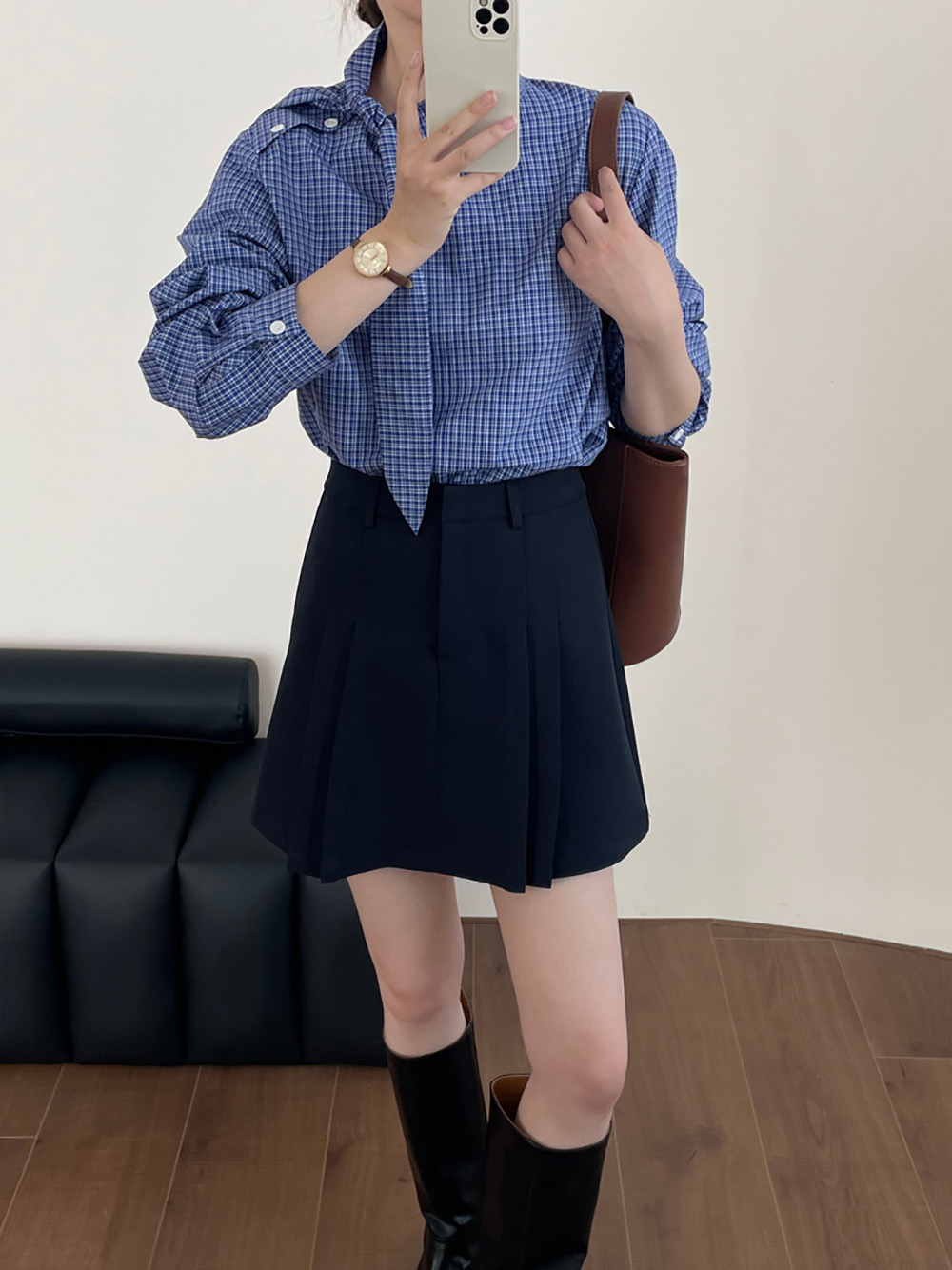 藍格綁帶設計立領襯衫,evaviva,8C-UR7381,藍格綁帶設計立領襯衫,領500,999免運