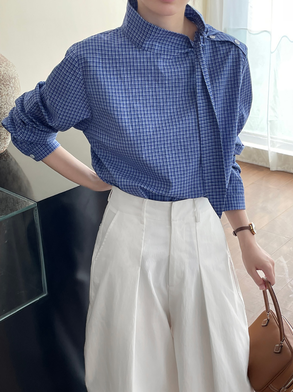 藍格綁帶設計立領襯衫,evaviva,8C-UR7381,藍格綁帶設計立領襯衫,領500,999免運