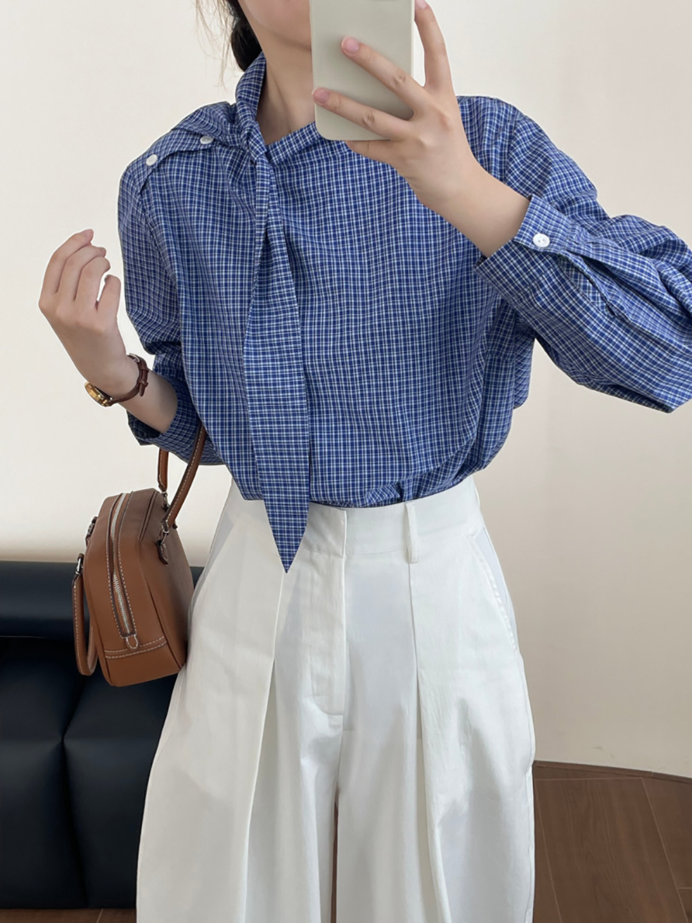 藍格綁帶設計立領襯衫,evaviva,8C-UR7381,藍格綁帶設計立領襯衫,領500,999免運