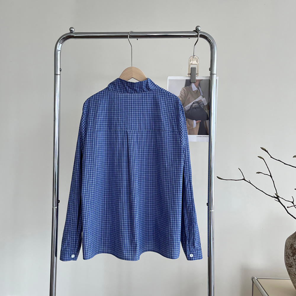 藍格綁帶設計立領襯衫,evaviva,8C-UR7381,藍格綁帶設計立領襯衫,領500,999免運