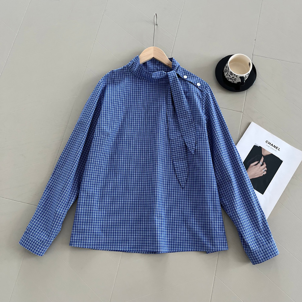 藍格綁帶設計立領襯衫,evaviva,8C-UR7381,藍格綁帶設計立領襯衫,領500,999免運