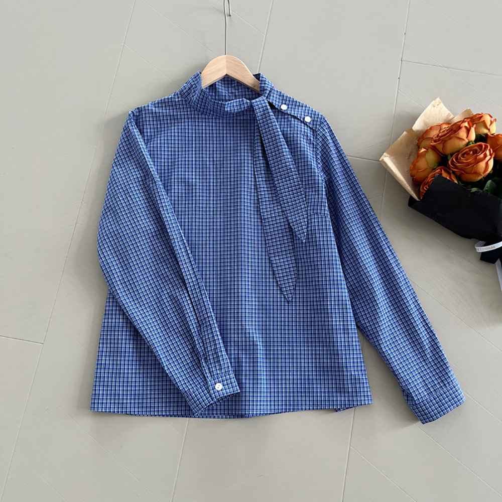 藍格綁帶設計立領襯衫,evaviva,8C-UR7381,藍格綁帶設計立領襯衫,領500,999免運