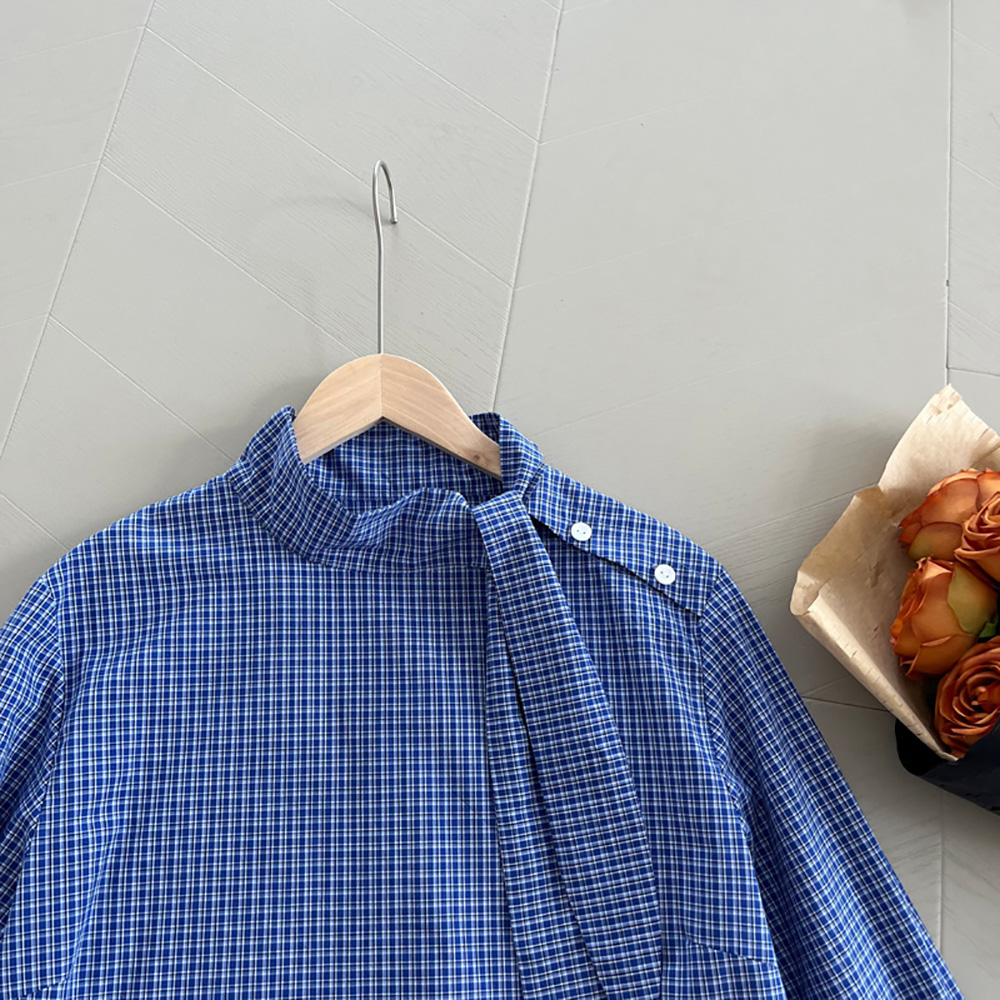 藍格綁帶設計立領襯衫,evaviva,8C-UR7381,藍格綁帶設計立領襯衫,領500,999免運