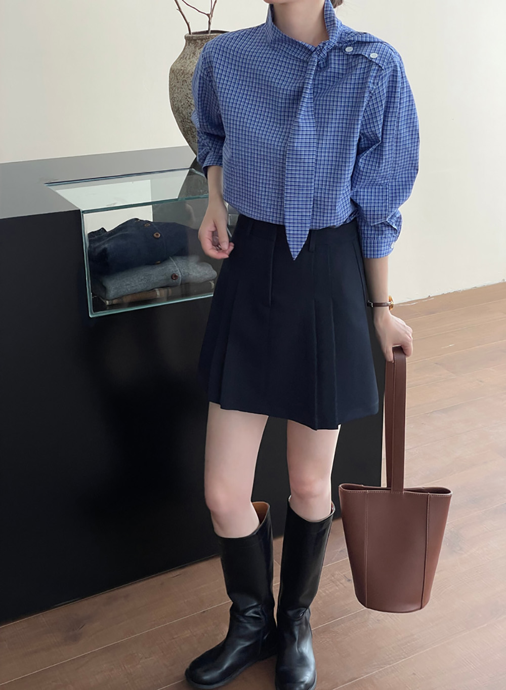 藍格綁帶設計立領襯衫,evaviva,8C-UR7381,藍格綁帶設計立領襯衫,領500,999免運