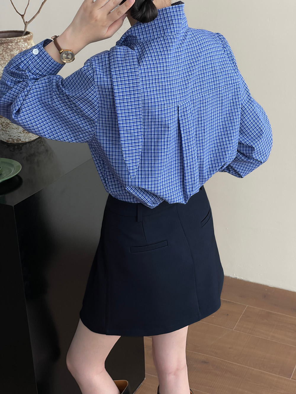 藍格綁帶設計立領襯衫,evaviva,8C-UR7381,藍格綁帶設計立領襯衫,領500,999免運