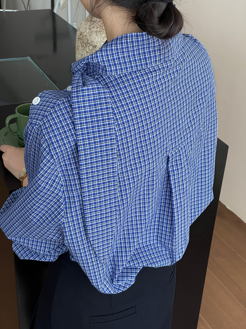 藍格綁帶設計立領襯衫,evaviva,8C-UR7381,藍格綁帶設計立領襯衫,領500,999免運