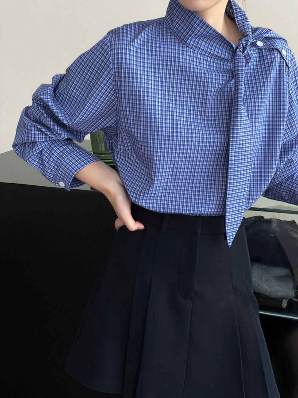 藍格綁帶設計立領襯衫,evaviva,8C-UR7381,藍格綁帶設計立領襯衫,領500,999免運