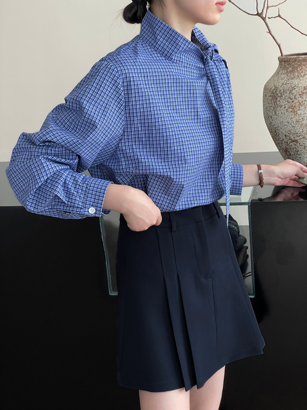 藍格綁帶設計立領襯衫,evaviva,8C-UR7381,藍格綁帶設計立領襯衫,領500,999免運