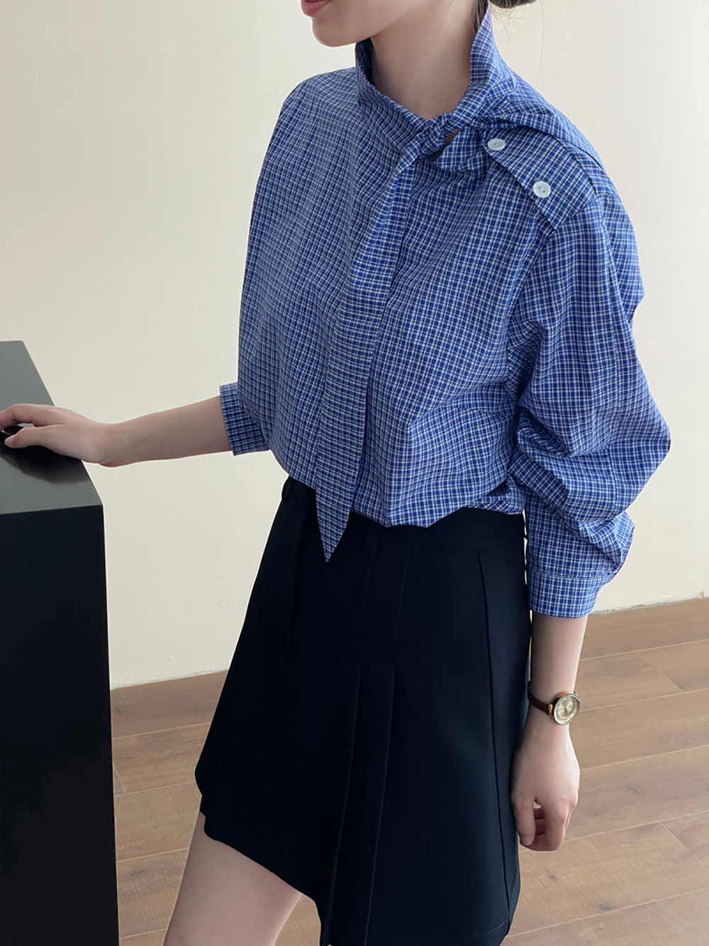 藍格綁帶設計立領襯衫,evaviva,8C-UR7381,藍格綁帶設計立領襯衫,領500,999免運