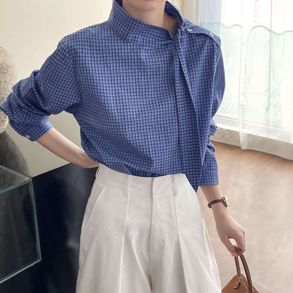 藍格綁帶設計立領襯衫