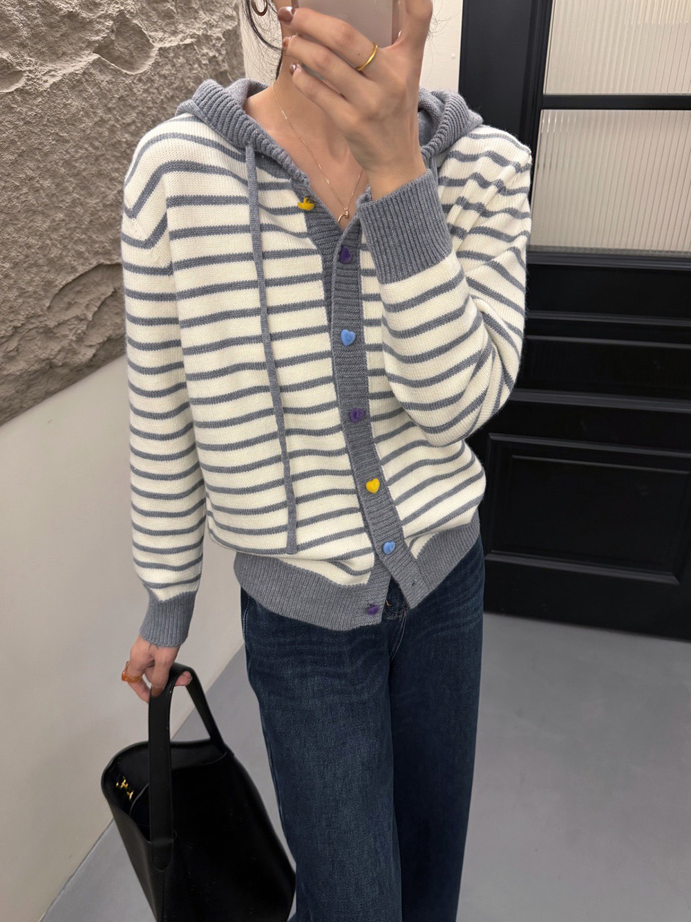 彩釦針織條紋連帽外套,evaviva,99-AL7274,彩釦針織條紋連帽外套,領500,999免運