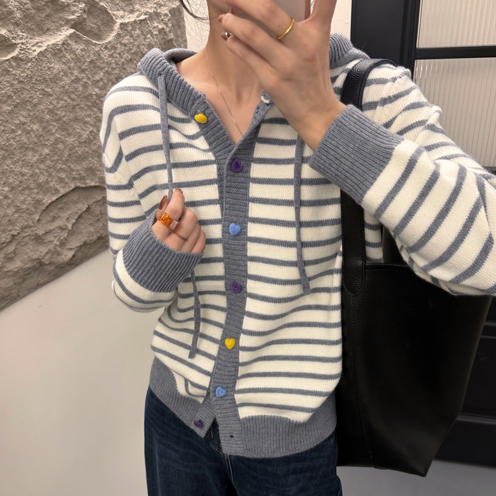彩釦針織條紋連帽外套