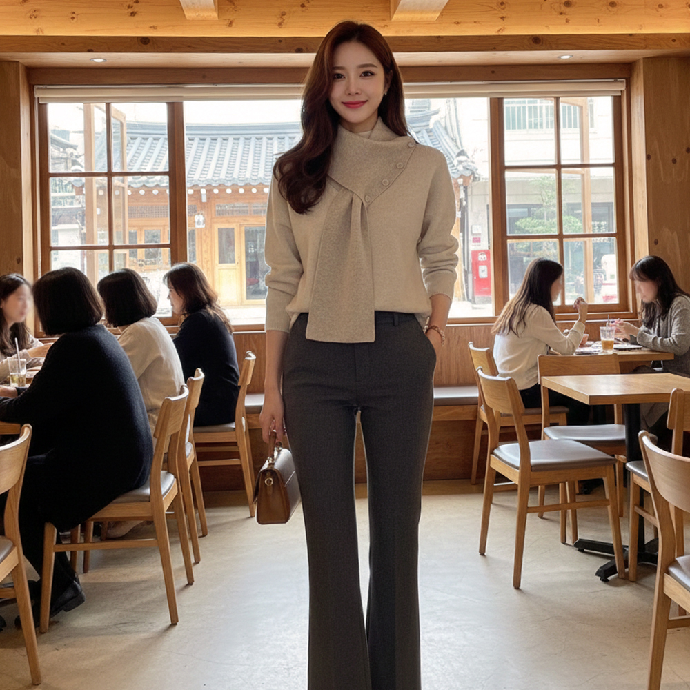 鈕扣圍脖領針織上衣