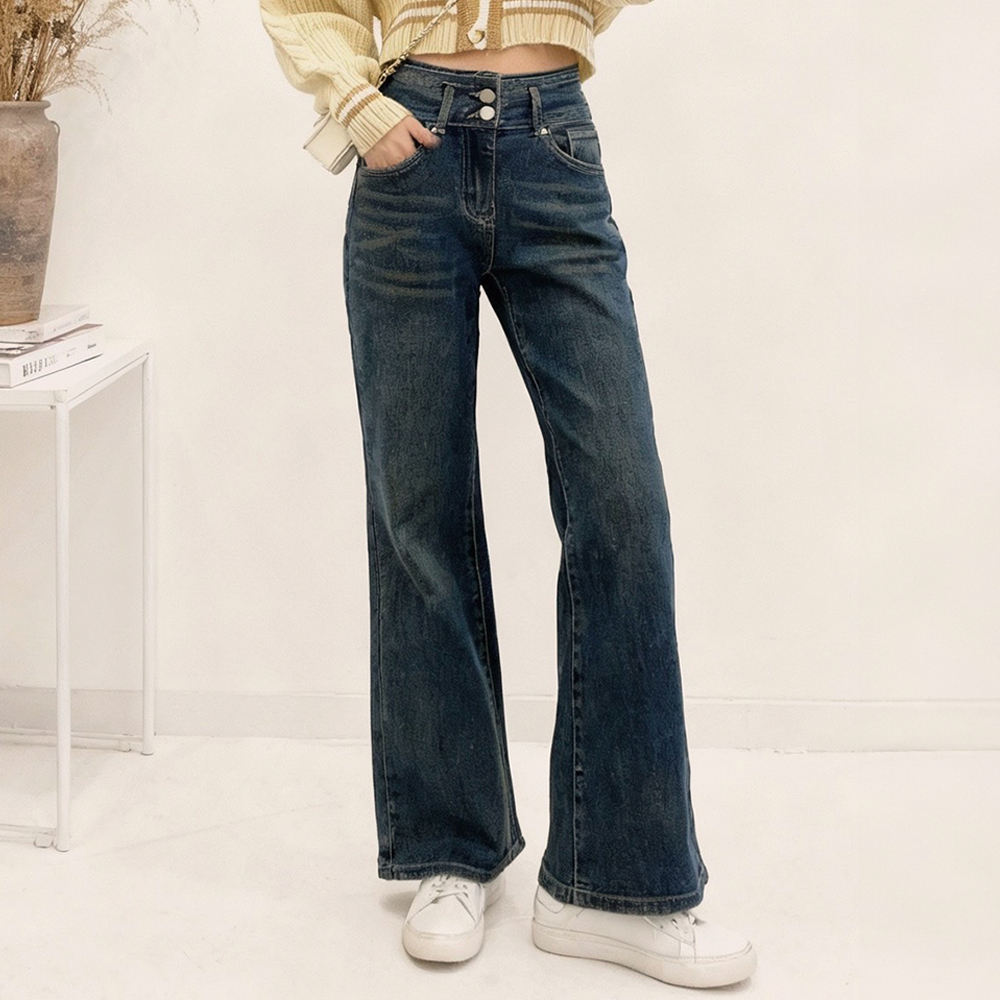 高腰雙排釦刷色牛仔褲