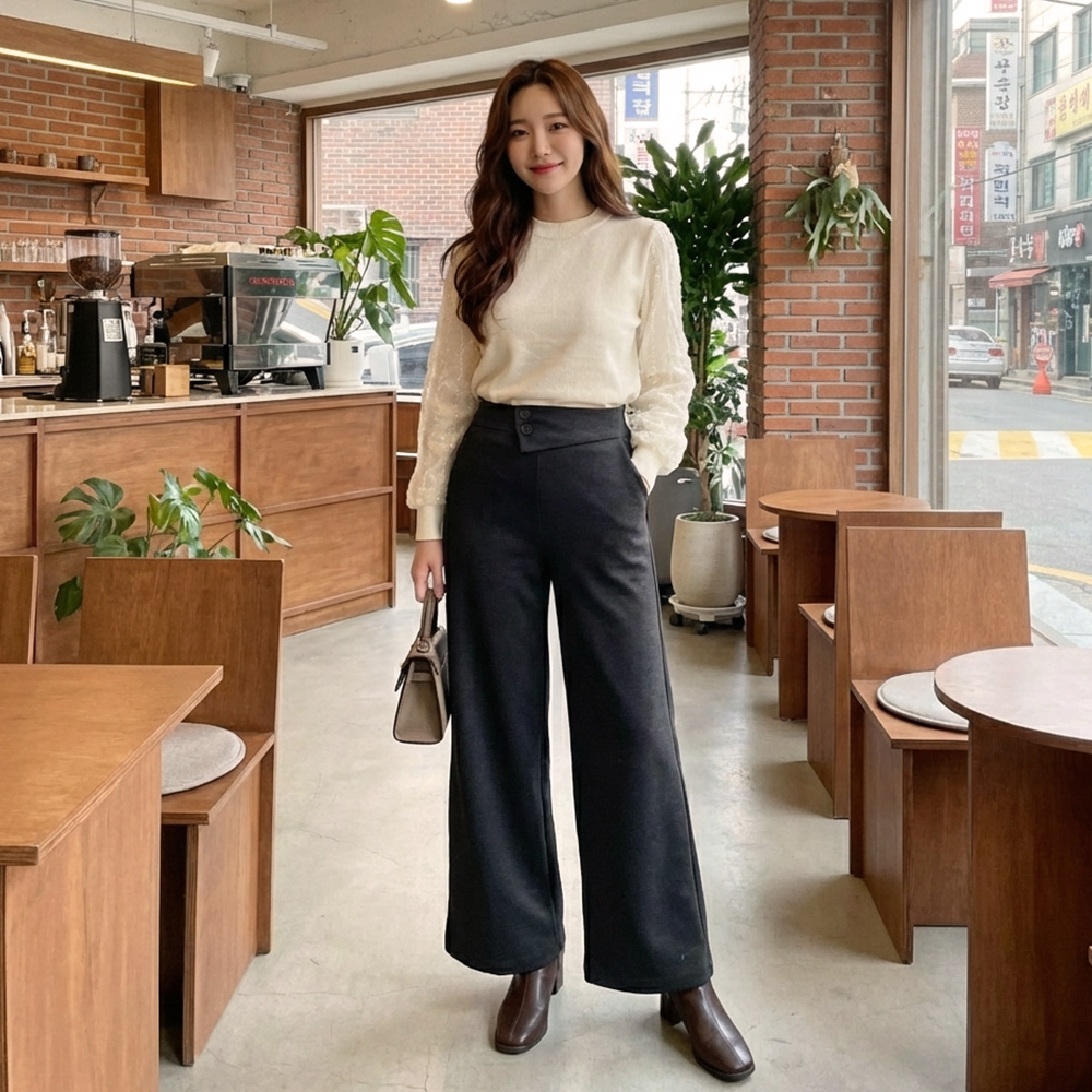 高腰雙釦設計直筒寬褲