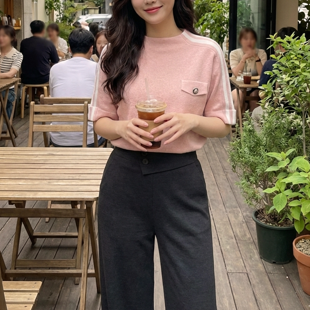 休閒條紋滾邊針織上衣