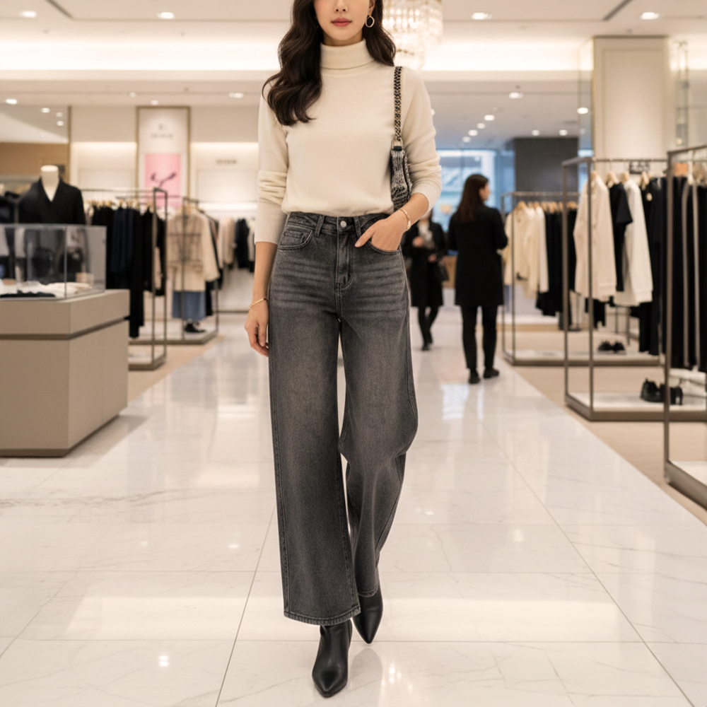 質感黑刷色寬版牛仔褲