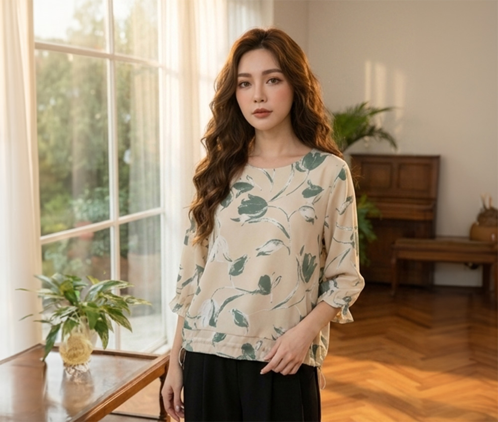 花漾手繪感荷葉袖上衣,evaviva,99-AL5630,花漾手繪感荷葉袖上衣,領500,999免運