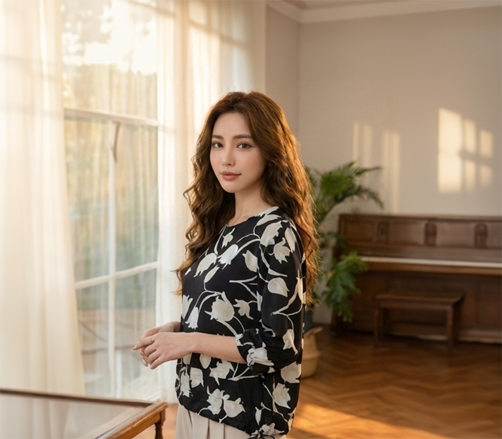 花漾手繪感荷葉袖上衣,evaviva,99-AL5630,花漾手繪感荷葉袖上衣,領500,999免運