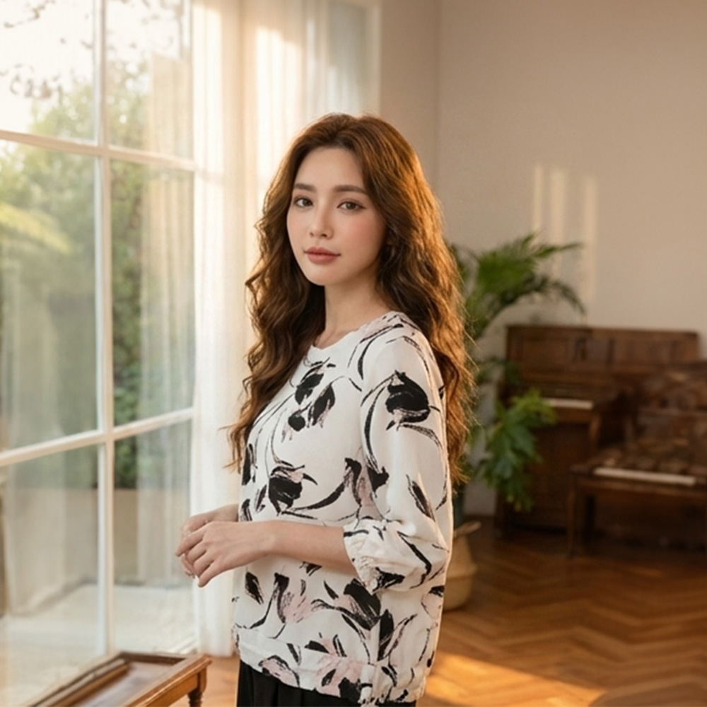 花漾手繪感荷葉袖上衣