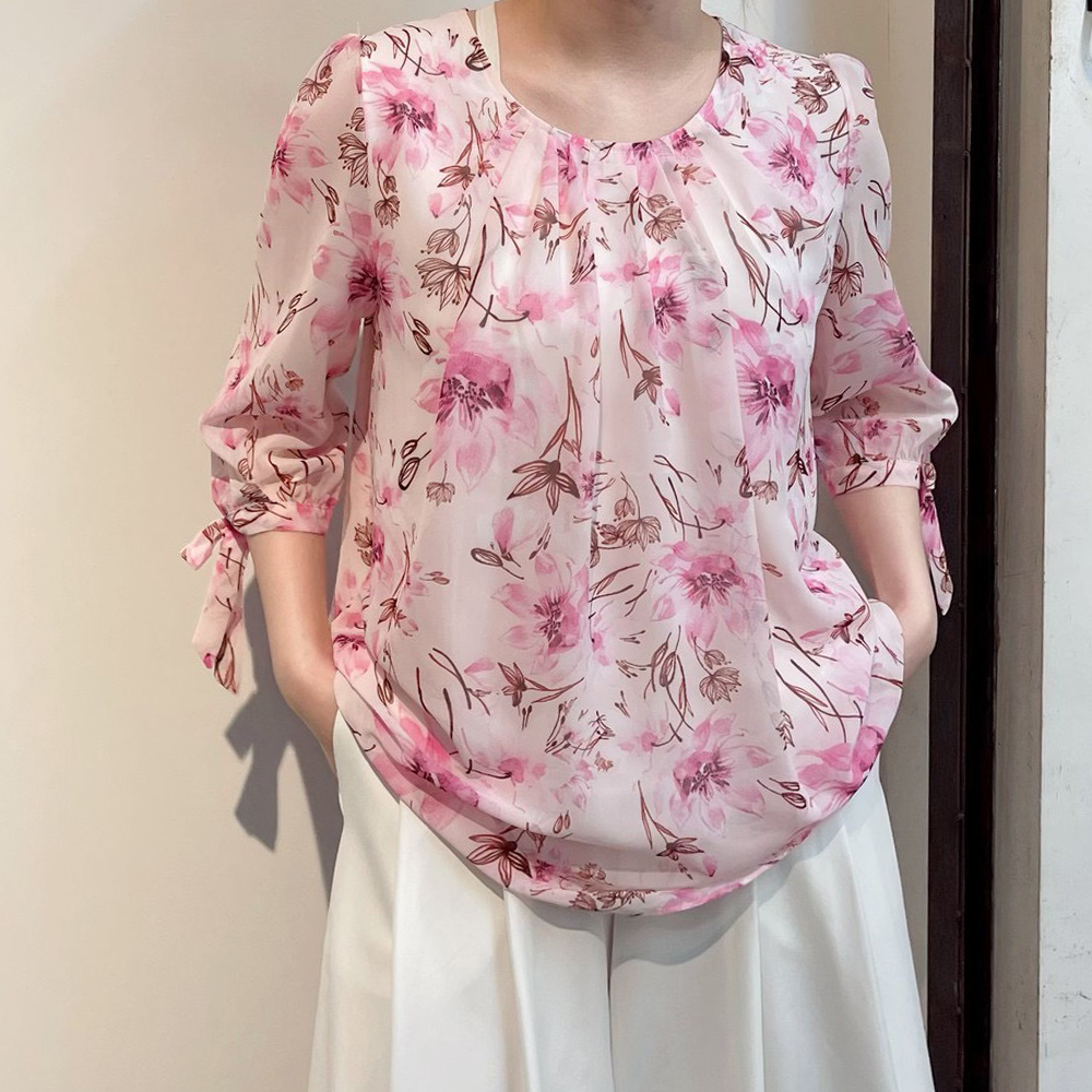 優雅雪紡植物印花上衣