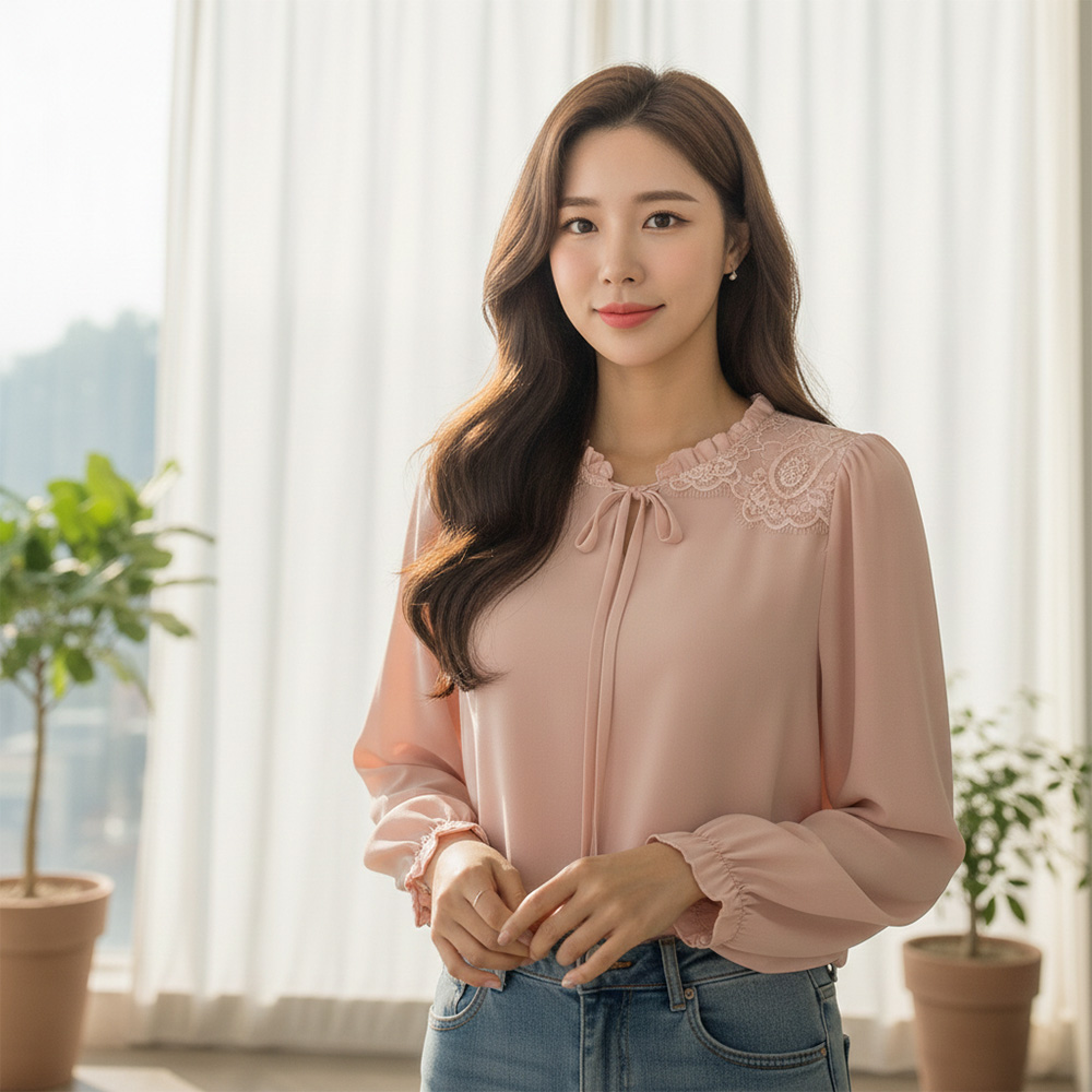 蕾絲拼接V領綁帶上衣