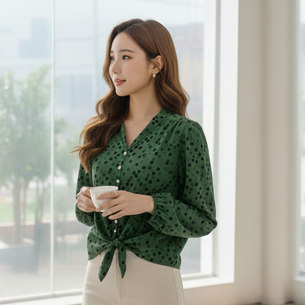 復古點點V領綁帶上衣