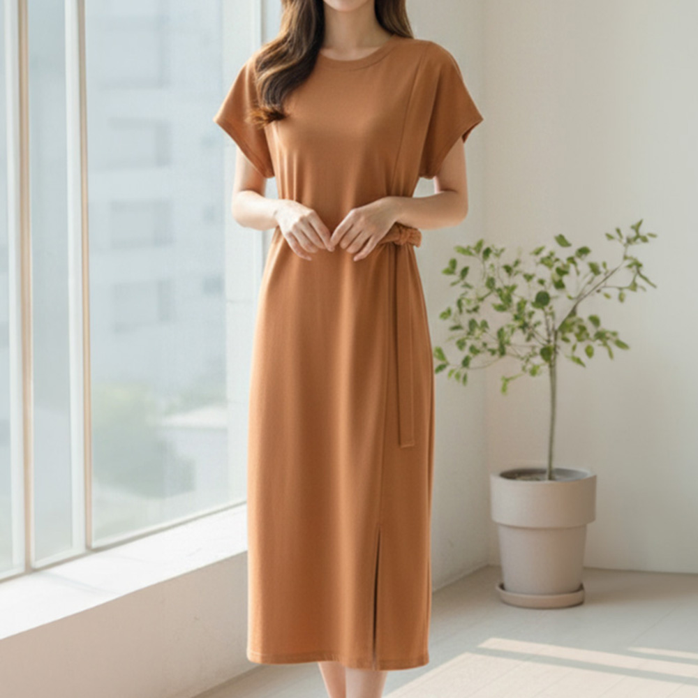 溫柔側綁帶圓領洋裝