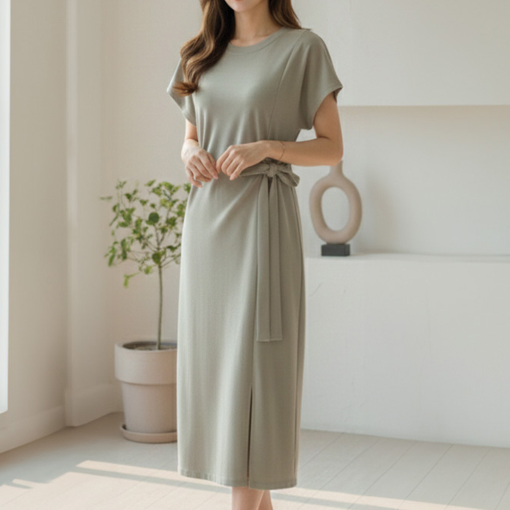 溫柔側綁帶圓領洋裝