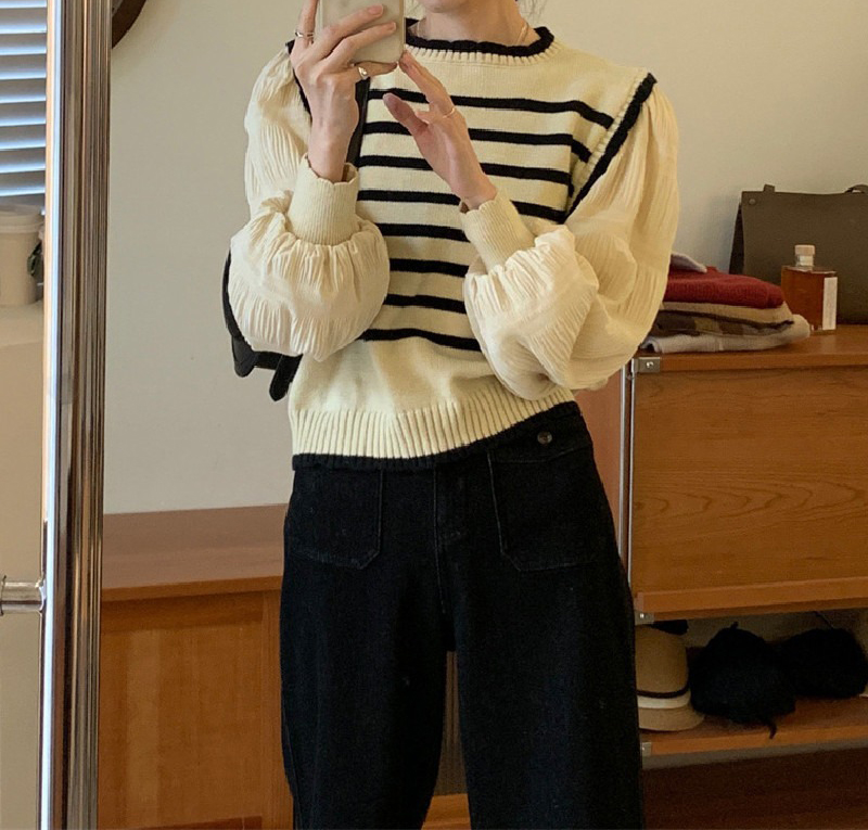 假兩件針織拼接上衣,evaviva,8C-GV7399,假兩件針織拼接上衣,領500,999免運