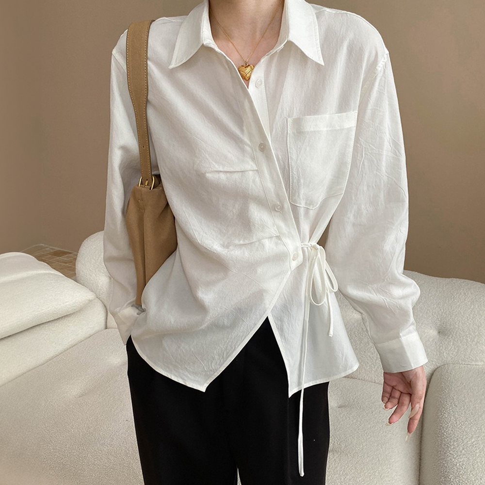 天絲綁帶收腰設計襯衫