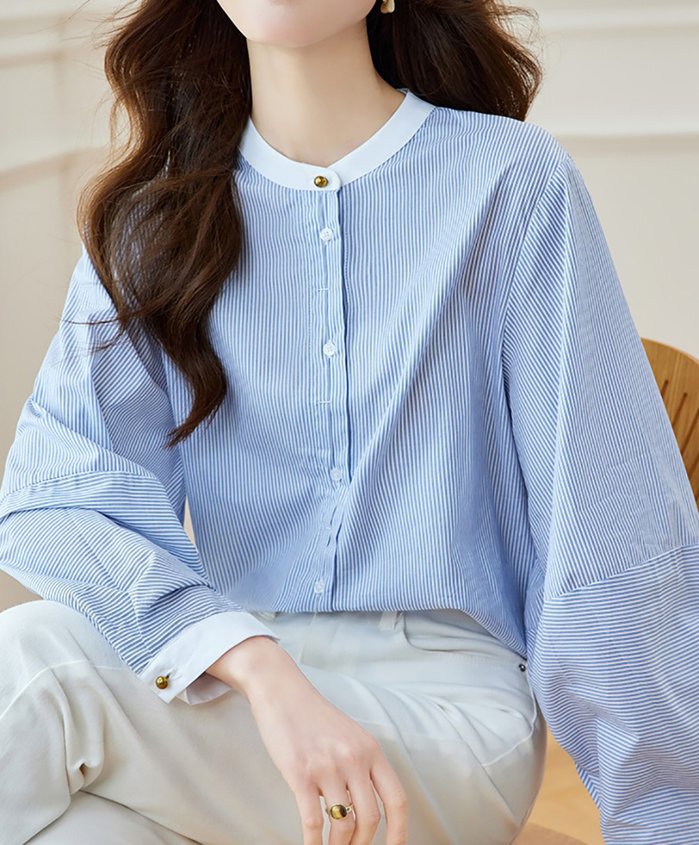 氣質藍條紋圓領襯衫,evaviva,8C-HV7408,氣質藍條紋圓領襯衫,周新品優惠,NEWARRIVAL