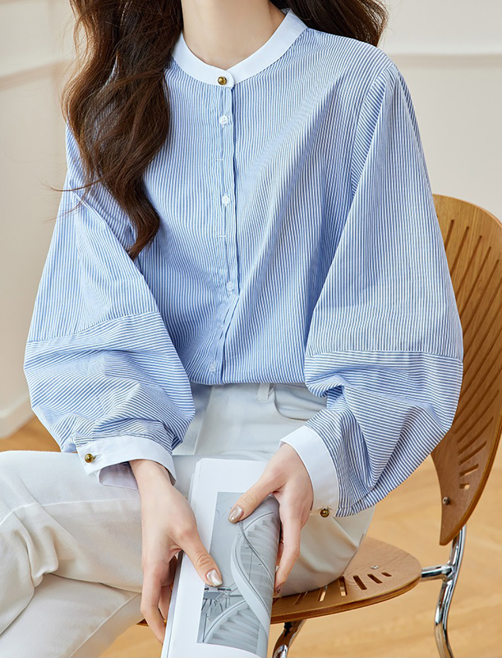 氣質藍條紋圓領襯衫,evaviva,8C-HV7408,氣質藍條紋圓領襯衫,周新品優惠,NEWARRIVAL